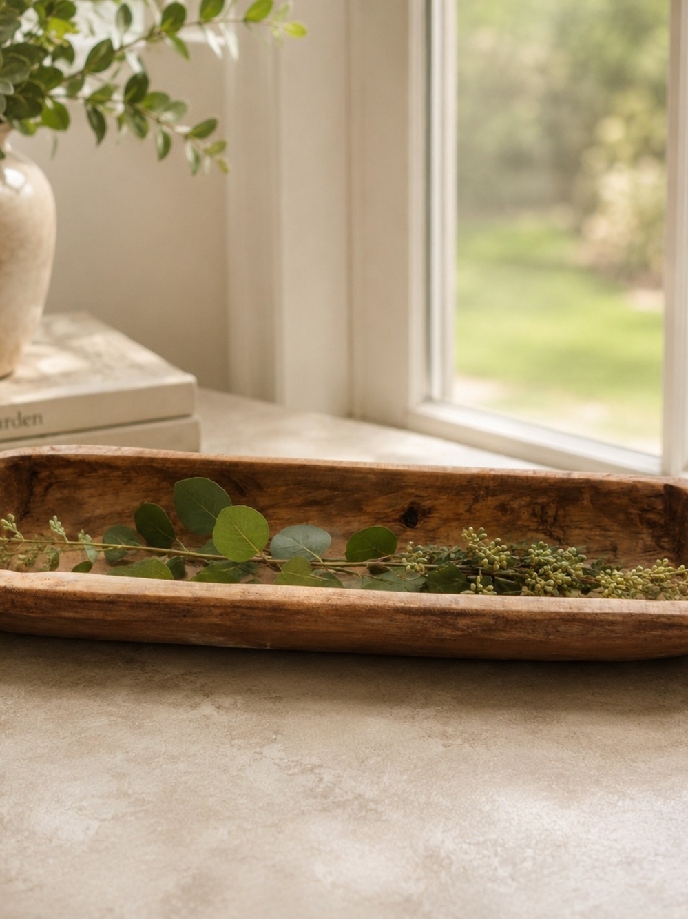 Farmhouse Primitive  Rustic Wooden Dough Bowl - Natural Brown Baguette Size